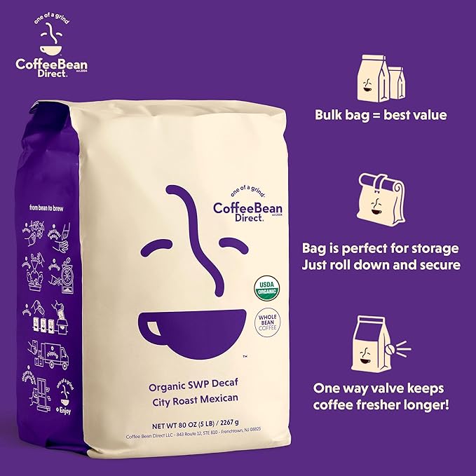 Coffee Bean Direct Organic Swiss Water Process Mexican Chiapas, Whole Bean Coffee, City Roast, 5 Pound Bag (Pack of 1)