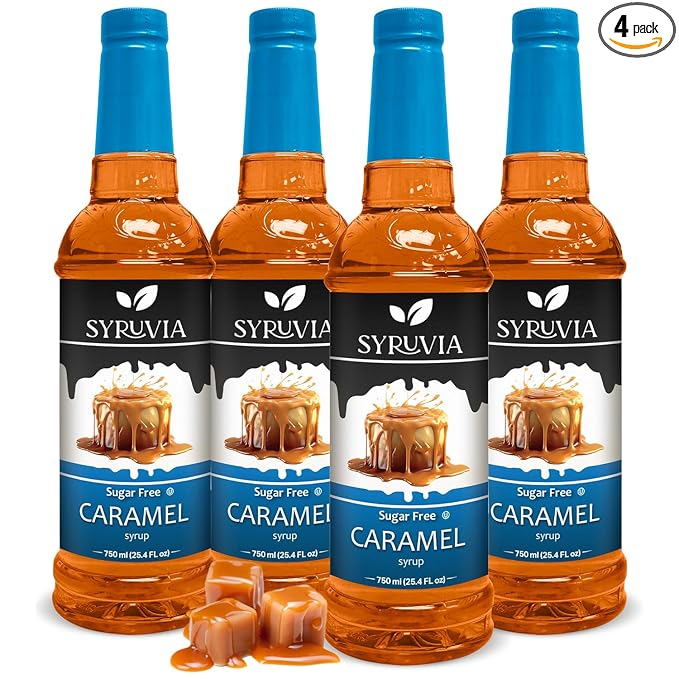 Syruvia 4 Pack Sugar-Free Caramel Coffee Syrup – 25.4 fl oz - Syrup for Coffee, Lattes, Shakes, Smoothies, Desserts – 100% Vegan, Gluten Free, Kosher – No-Calorie Coffee Syrup
