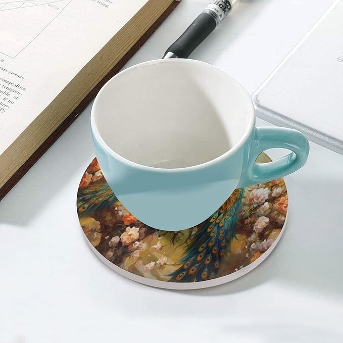 Round-6PCS Peacock Ceramic Coasters, Round Absorbent Drink Coasters, Vintage Art Beautiful Plant Floral Green Peacock Ceramic Table Coasters for Coffee, Beverage, Wine, Beer Coasters