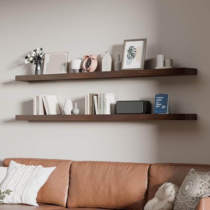 60 inch Long Floating Shelves for Wall,Solid Wood Long Shelves Set of 2,Walnut Rustic Mounted Shelves for Bathroom Bedroom Laundry Room (Walnut, 60 Inch)