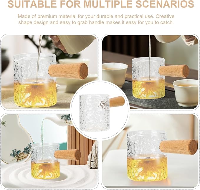 Hammered Glass Espresso Shot Cup with Wood Handle - 100ml / 3.4oz Small Milk Creamer Pitcher with Spout - Heat Resistant Borosilicate Glass Measuring Cup for Coffee, Latte, Syrup, Sauces