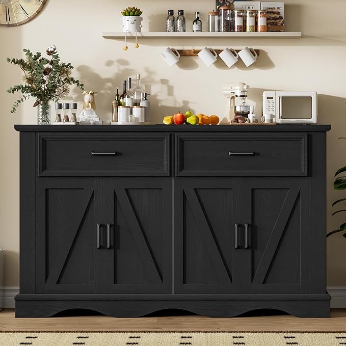 56" Large Wooden Buffet Cabinet with Storage, Modern Coffee Bar and Wine Bar, Wave Base Design, Multi-Purpose Buffet Table with Charging Station for Dining Room, Kitchen or Living Room, Black