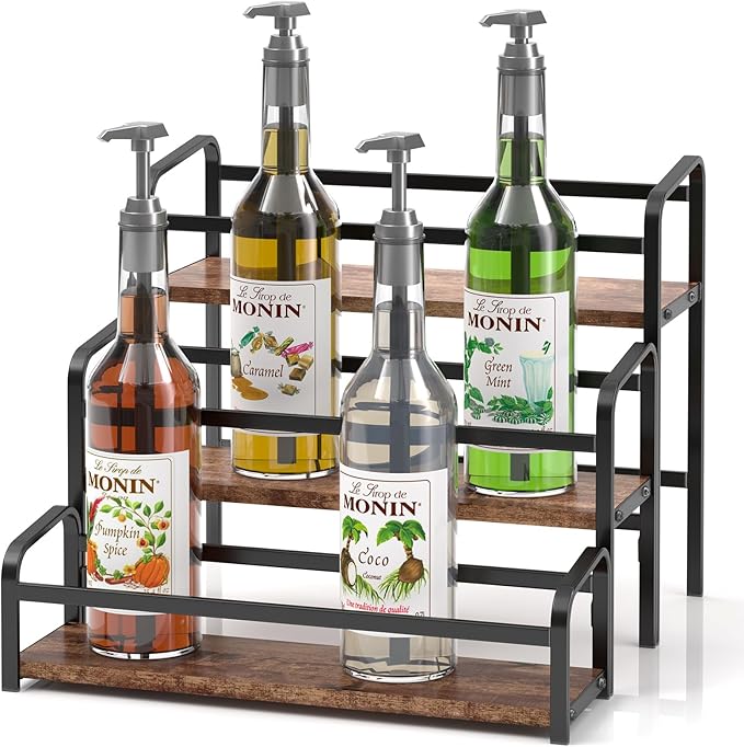 DTUQYX Coffee Syrup Organizer 3-Tier: Vintage Coffee Syrup Rack 12 Bottles Capacity, Free-Installation Coffee Station, Wine Rack for Countertop, Tiered Spice Racks for Cabinet, Bottle Display Shelf