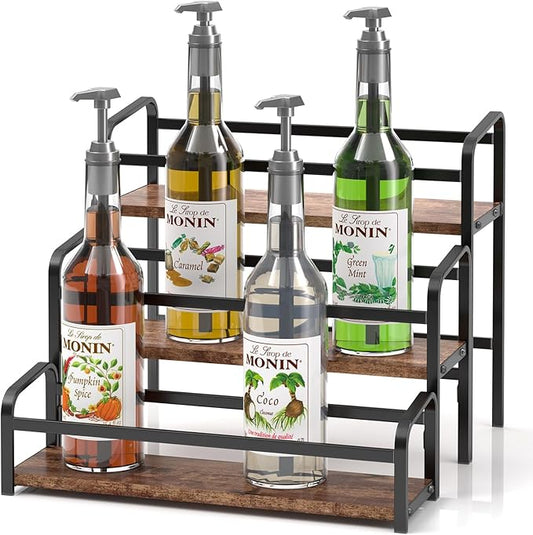DTUQYX Coffee Syrup Organizer 3-Tier: Vintage Coffee Syrup Rack 12 Bottles Capacity, Free-Installation Coffee Station, Wine Rack for Countertop, Tiered Spice Racks for Cabinet, Bottle Display Shelf