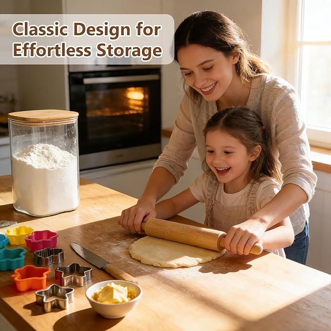KEYWING 145oz Glass Flour Storage Containers with Bamboo Lids, Set of 2 Large Square Pantry Jars, Big Wide Mouth Canisters for Sugar, Rice, Cereal, Beans, Cookie & Dry Goods