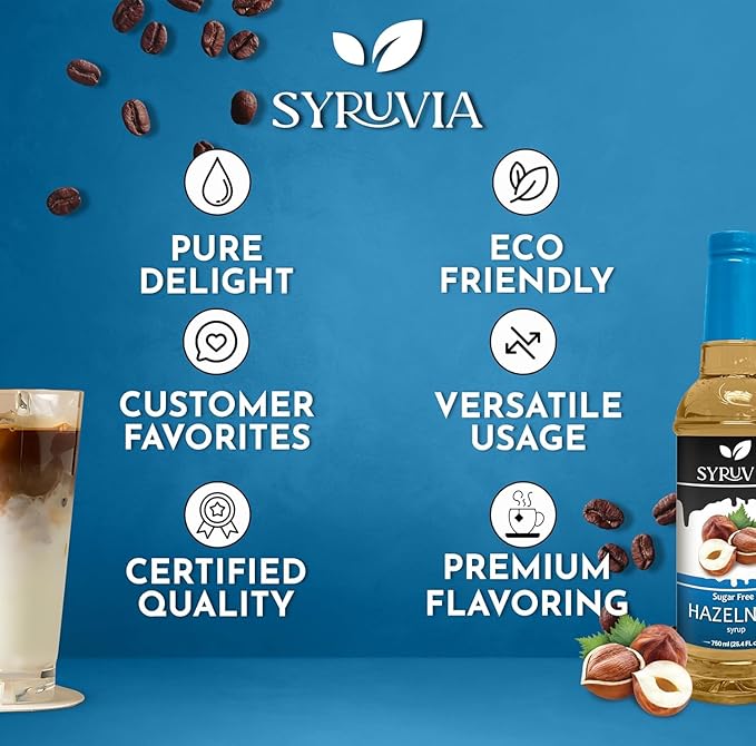 Syruvia Sugar Free Coffee Syrup, Hazelnut Flavored Syrup for Drinks, Lattes, and Desserts – 25.4 fl oz, With Pump