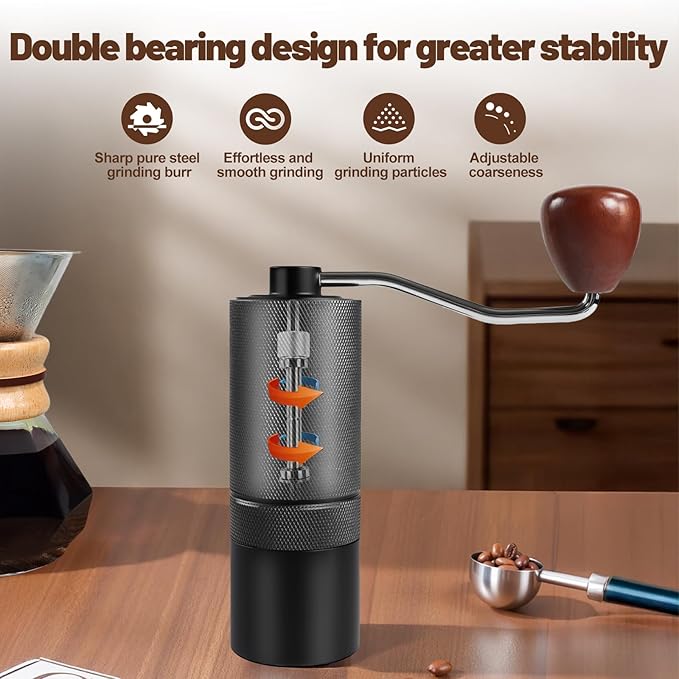 Manual Coffee Grinder Detachable Stainless Steel Conical Burr Aluminum Coffee Bean Grinder with 25 Grinding Settings Cleaning Brush Grindable Espresso Moka Pot French Press for Camping Black