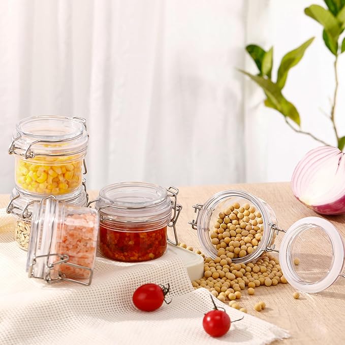 Suclain 12 Pcs 4 Oz/ 120 ml Plastic Storage Jars with Airtight Hinged Lids, Clear Wide Round Mouth Food Storage Containers Empty Bottles Sealed Jars for Home Kitchen Candy Herbs Spices Coffee Nuts