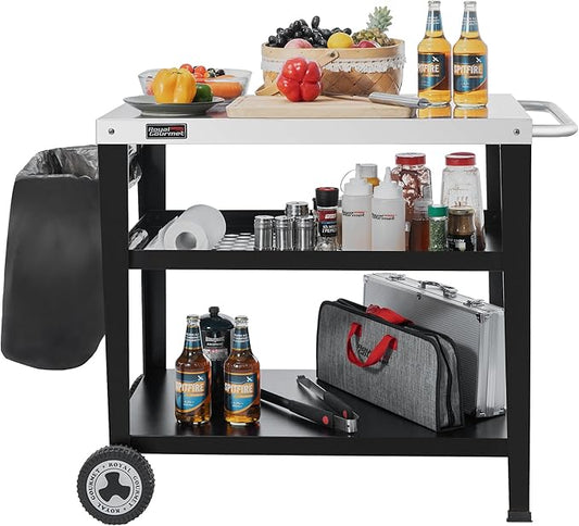 Royal Gourmet PC3404S Rolling Dining Table with Trash Bag Holder, Outdoor Garden Patio BBQ Kitchen Food Prep Table Cart, 34"L x 20"W Stainless Steel Tabletop, Silver & Black