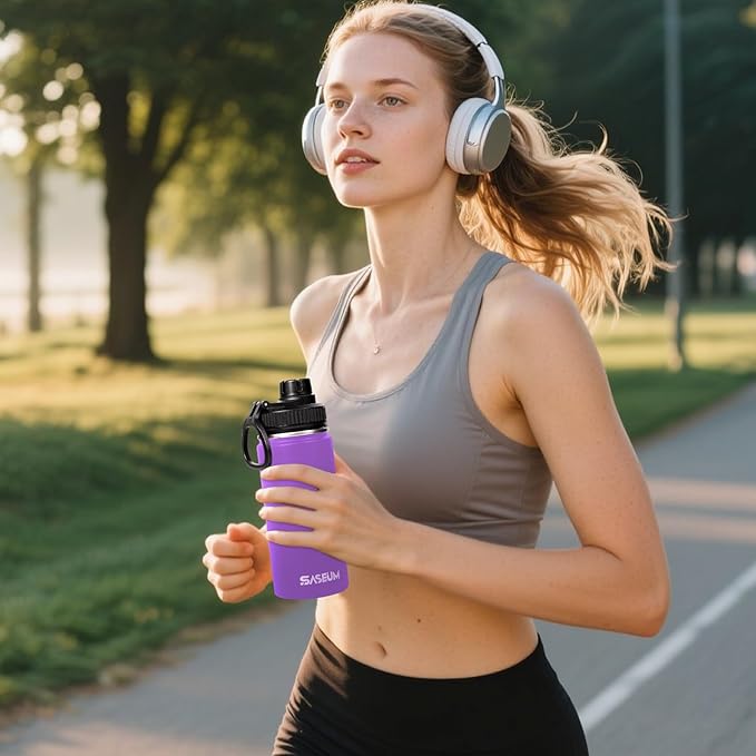 SASEUM Sport Water Bottle 18oz Stainless Steel Double Wall Vacuum Thermal Mug with Leak Proof Spout Lids, Wide Mouth Metal Insulated Water Jug for Gym and Travel（Purple）