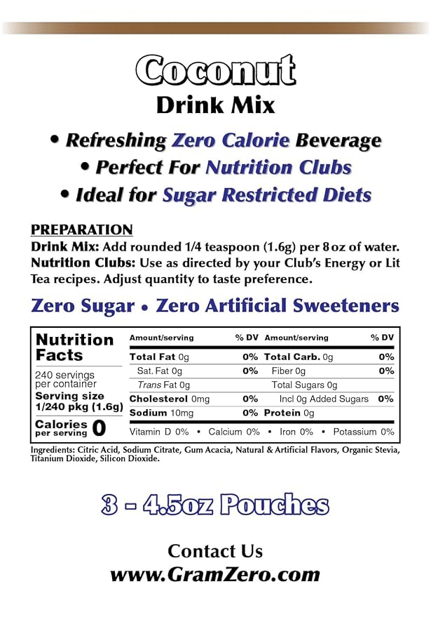 GramZero Coconut Zero Calorie Sugar Free Drink Mix, Great For Nutrition Club Loaded Teas, Stevia Sweetened