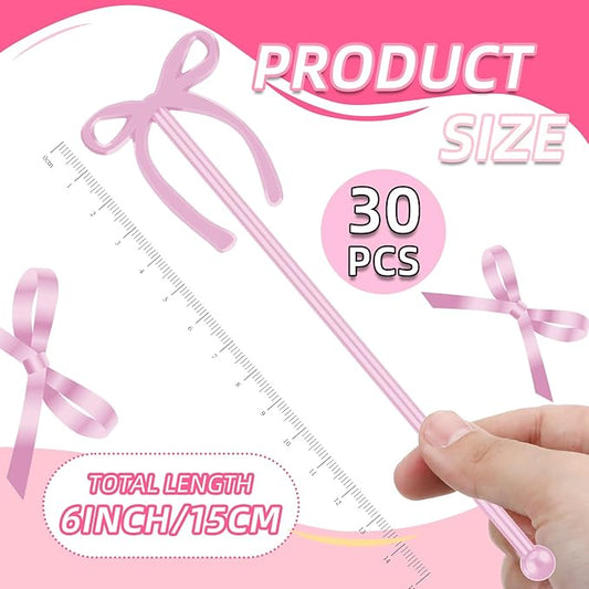 30 Pcs 6 Inch Valentine Party Stirrers, Bow Stir Sticks Coffee Stirrers Reusable Plastic Swizzle Sticks for Wedding Birthday Bridal Cocktail Decorations Galentines Supplies(Rose Gold)