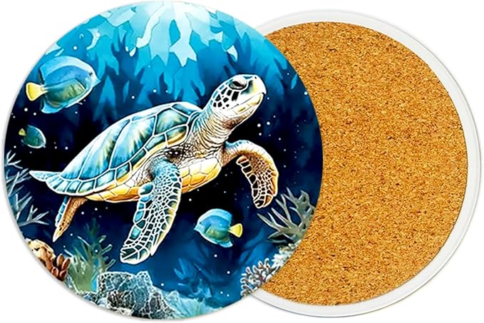 2Pack Sea Turtle Ceramic Coasters Absorbent Coasters for Drinks with Cork Base,Coaster for Table Office Desk Coffee Wine Beer Bar Cup Mat 3.9 Inch,Turtles Gifts for Women,Men,Dad