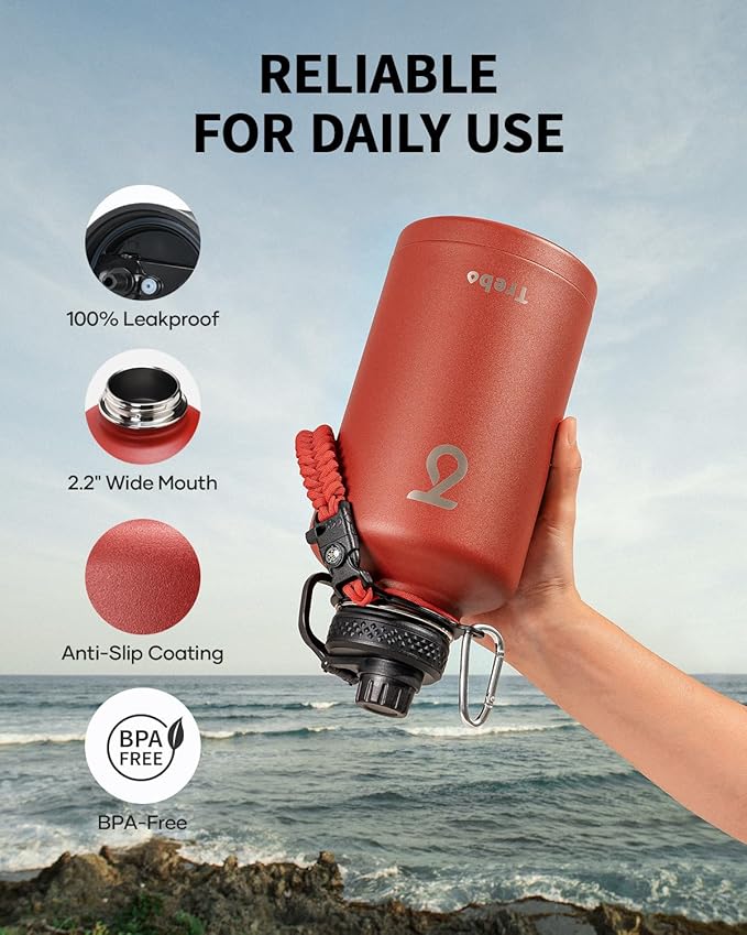 Trebo Water Bottle 64oz with Paracord Handle, Half Gallon Large Vacuum Double Wall Stainless Steel Insulated Water Jug with Holder Strap Straw Spout Lids, Leakproof Keep Cold & Hot, Red