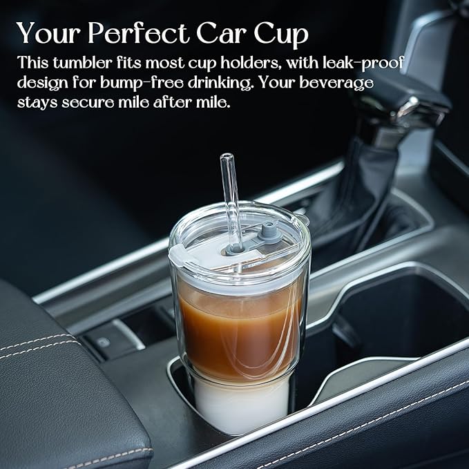 KEMORELA 20 oz Double Wall Glass Tumblers with Lids & Straws, Set of 4—Insulated Clear Drinking Glass Cups for Iced Coffee, Matcha, Smoothies, Whiskey, and More—Reusable for Home & Parties