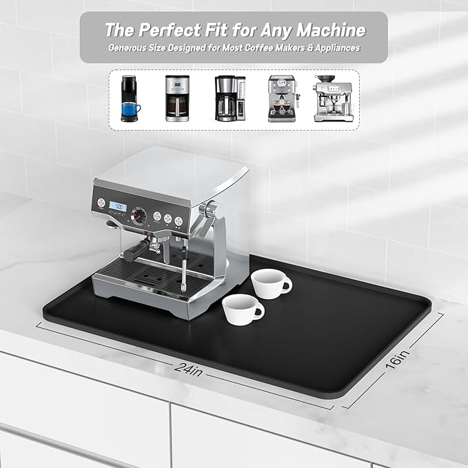 Garolue Silicone Coffee Mat,24×16" Waterproof Heat Resistant Bar Mat for Espresso Machine Station Accessories,Non Slip Dish Drying Mat for Kitchen Counter,Home Decor Essentials,Fit Under Coffee Maker