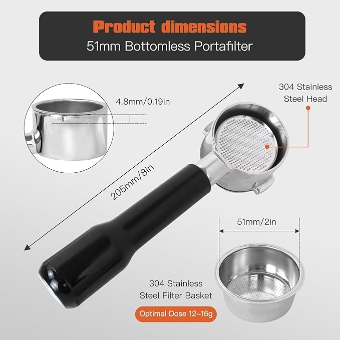 HEKUTU Bottomless Portafilter with Stainless Steel Filter Basket Fit 51 mm for Delonghi Dedica Style Series ECP3420/ECP3120/EC155/BCO430/EC260 Espresso Machine
