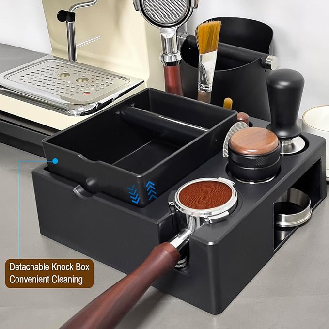 Espresso Tamping Station And Knock Box,ALL in 1 Espresso Organizer Station,Multifunctional Tamper Station Fit for 51/54/ 58mm Espresso Accessories,Removable Knock Box Espresso Station (Black, 51-58mm)