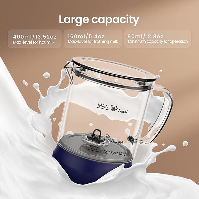 4-in-1 Milk Frother, Electric Milk Frother and Steamer with LED Touch Screen, Non-stick Bottom, Milk Warmer 13.52oz for Lattes, Cappuccinos, and Macchiatos at Home (Navy blue)