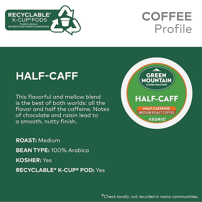Green Mountain Coffee Roasters Half Caff Keurig Single-Serve K-Cup pods, Medium Roast Coffee, 72 Count