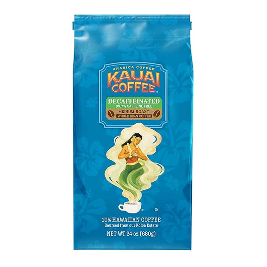 Kauai Coffee Whole Bean Coffee – Smooth, Non-Bitter Medium Roast Pure Arabica – Floral Notes and Bright Aroma – Grown on Hawaii's Largest Coffee Farm – Decaf, 1 Pack of 24oz