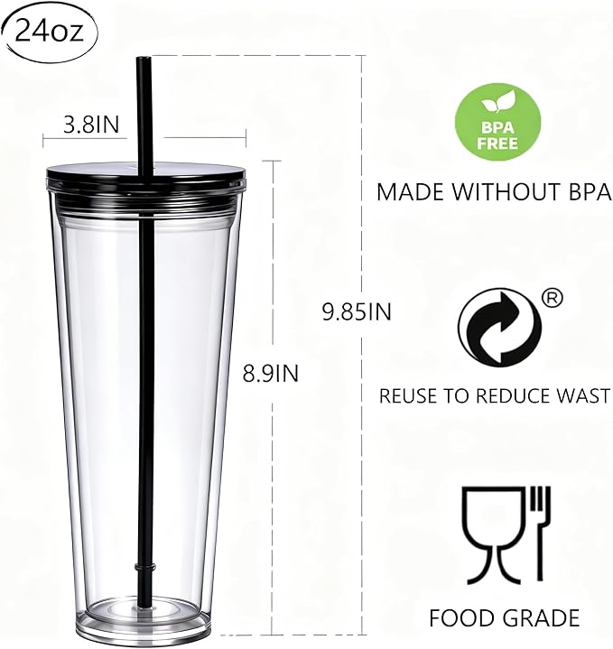 24oz Tumbler with Lid and Straw, Leak Proof and Double Wall Insulated Reusable Plastic Cups,Travel Reusable Iced Coffee Cup (2, Black)