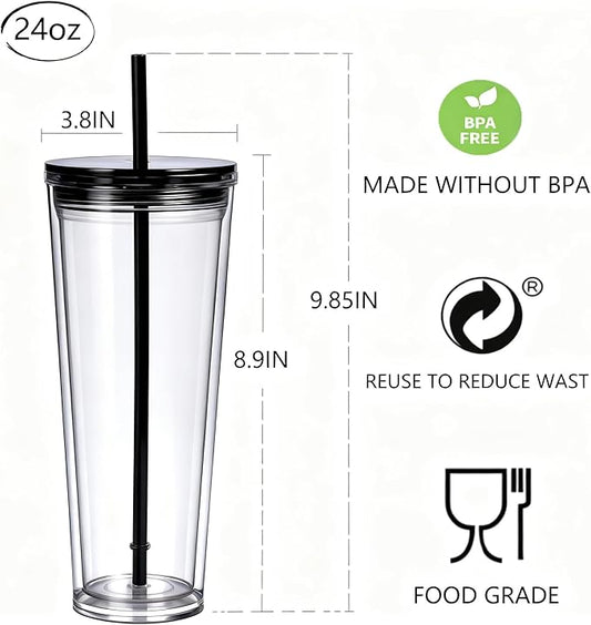 24oz Tumbler with Lid and Straw, Leak Proof and Double Wall Insulated Reusable Plastic Cups,Travel Reusable Iced Coffee Cup (2, Black)