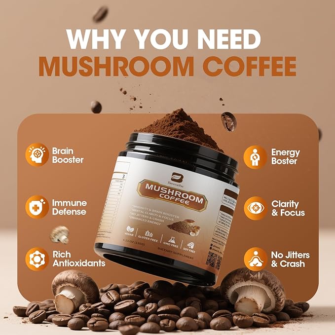 Mushroom Coffee - Lions Mane Mushroom Powder Instant Coffee with Lion's Mane, Reishi, Chaga, Cordyceps, and Turkey Tail - Mushroom Coffe Alternative for Energy, Mental Clarity & Focus, Brain Booster