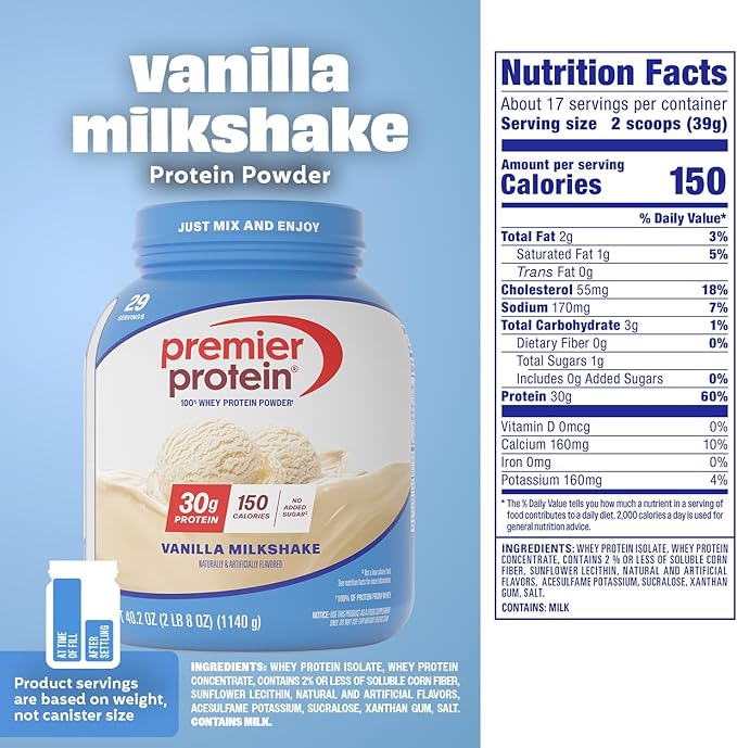 Premier Protein Powder, Vanilla Milkshake, 30g Protein, 1g Sugar, Gluten Free, No Soy, 40.2 oz (29 Servings)
