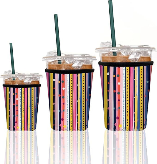 Neoprene Iced Coffee Sleeve 3 Pack, Reusable Insulated Cup Holder with Colorful Stripe & Polka Dot Pattern, Fits 16–32 oz Tumblers, Compatible with Starbucks & Dunkin