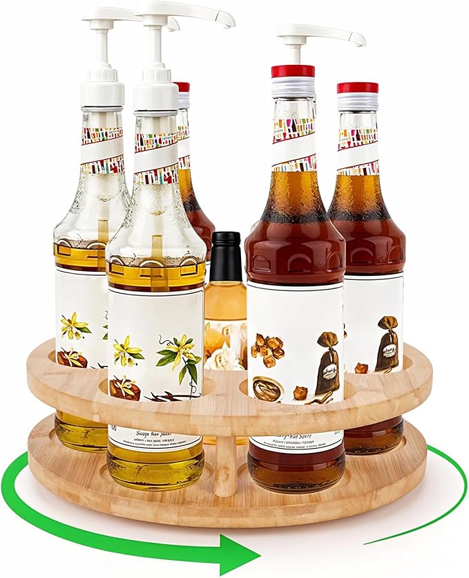 Wooden Rotating Coffee Syrup Organizer Rack, Syrup Bottle Stand Holder for Coffee Syrup Station, 7 Bottles Storage Display Turntable Tray&Lazy Susan for Syrup, Liquor Wine in Kitchen Countertop