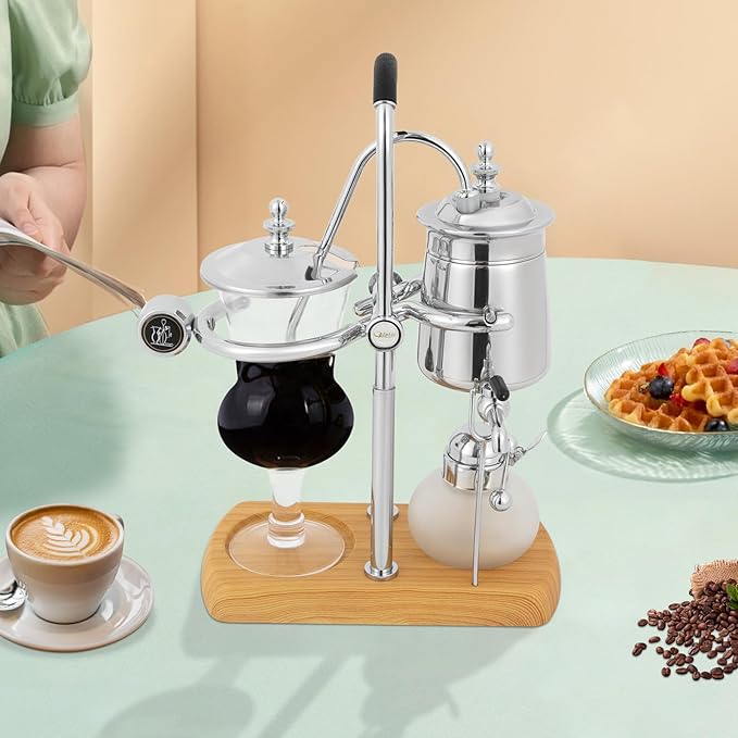 Belgian/Belgium Royal Family Balance Syphon Coffee Maker Siphon Coffee Brewer Unique Gravity Vintage Coffee Maker Elegant Retro Coffee Makers Vacuum Brewing System (400ml/13.53oz) Sliver