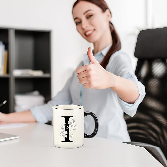 Monogram Ceramic Coffee Mugs, 11 oz Initial Drinking Cup with Gift Box, Unique Birthday Christmas Gifts for Women Wife Mothers Day Grandma Mom Aunt, I