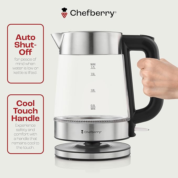 Electric Kettle for Boiling Hot Tea & Water | 1.7L Stainless Steel Borosilicate Glass Boiler With No Plastic, Automatic Shutoff, BPA Free, Fast Heating Technology (Black)