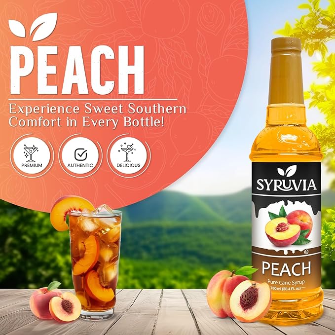 Syruvia Peach Syrup, Flavored Syrup for Drinks, Cocktails, Lemonades, Iced Teas, and Desserts – 25.4 fl oz