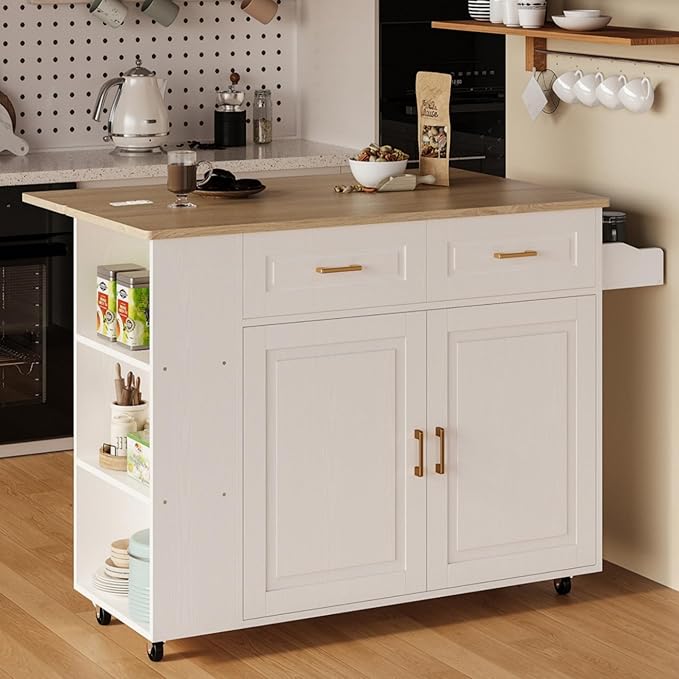 IRONCK Kitchen Island with Power Outlet & Drop Leaf, 47.2" Width Rolling Kitchen Island on Wheels with Storage, Mobile Kitchen Island Cart with Spice Rack, Open Shelves and Drawer, White