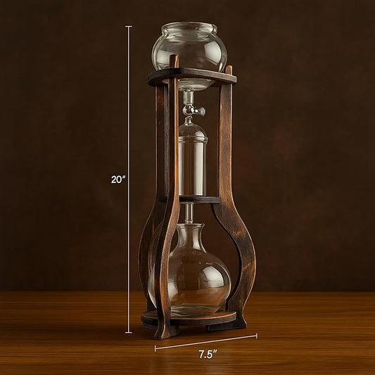 Nispira Iced Coffee Cold Brew Drip Tower Coffee Maker, 6–8 Cup Manual Cold Brew Brewer with Adjustable Valve, Wooden Frame & Glassware, Slow Cold Extraction System