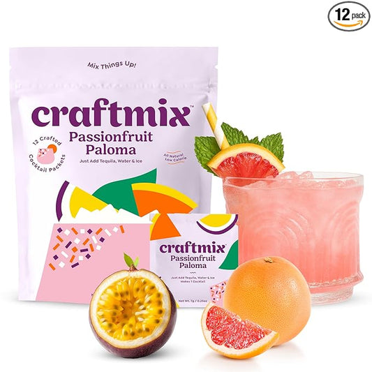 Craftmix Passionfruit Paloma Cocktail & Mocktail Drink Mixer, Skinny Mixes - Water Flavoring Packets - Made With Real Fruit - Vegan, No-Carb, No-Sugar, Non-GMO, Dairy Free, Gluten Free, 12 Pack
