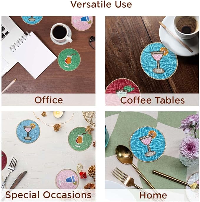 Folkulture Boho Coaster Set of 4 | 4" Round Decorative Drink Mats or Cocktail Coasters for Coffee Table & Farmhouse Decor | Cute & Stylish Table Accessories for Cups, Wine Glasses, Bar, Party or Gift
