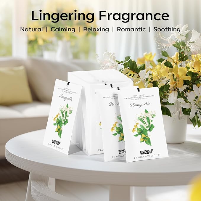 MYARO 12 Packs Honeysuckle Scented Sachets for Drawer and Closet, Long Lasting Air Freshener Fresh Scents Potpourri Bags Home Fragrance for Room Car Small Space