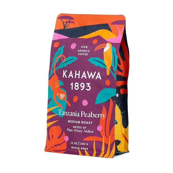 Kahawa 1893 Whole Bean Coffee Medium-Roast Tanzania Peaberry Blend 12 Oz - As Seen on Shark Tank, High Antioxidants, Naturally Sweet, Organically Grown, Ethically & Sustainably Sourced