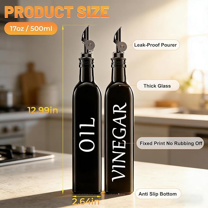 Oil and Vinegar Dispenser Set of 2, 17oz/500ml Extra Thick Glass Oil & Vinegar Cruet with Stainless Steel Pourer, Leak‑Proof Spout, Funnel & Cleaning Brush for Kitchen Cooking (Black)