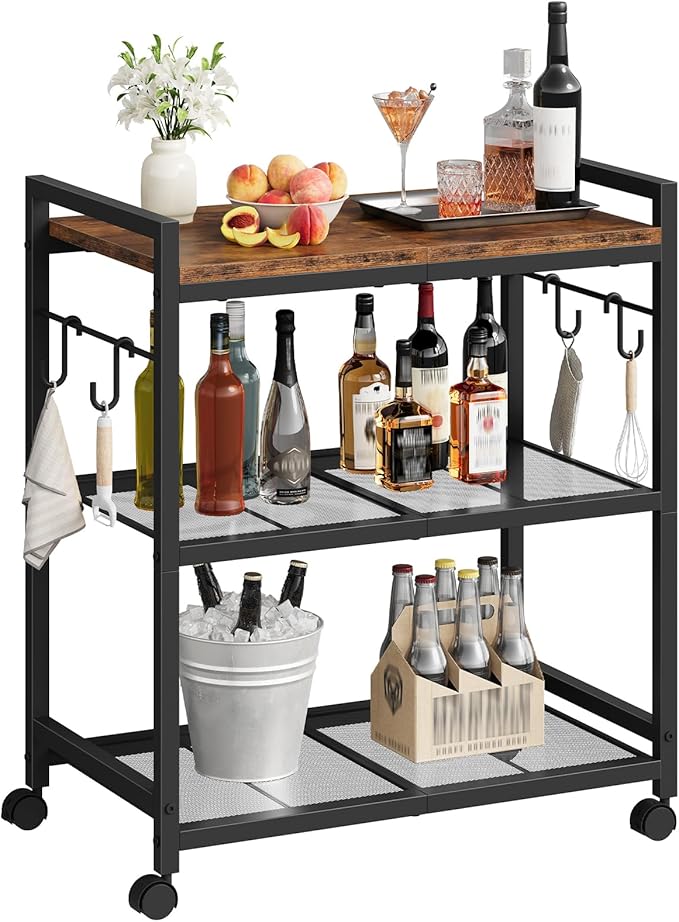 3-Tier Rolling Bar Cart, Vintage Metal Kitchen Cart with Wheels, Mobile Storage Shelf, Rolling Microwave Stand with Mesh Shelves for Home Bar, Kitchen, Rustic Brown and Black TTC06BF