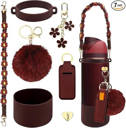 Compatible for Owala Accessories Bundle: Silicone Boot for 24oz & 32oz Bottles, Charms, Handle, Strap, Rubber Bottoms, and Decorative Add-ons for Your Compatible for Owala Water Bottle, Black Cherry