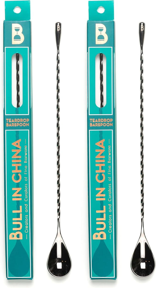 Teardrop Barspoon by Bull In China - 12" / 30cm Gunmetal Black Cocktail Stirring Spoon for Bars & Bartenders (Pack of 2)