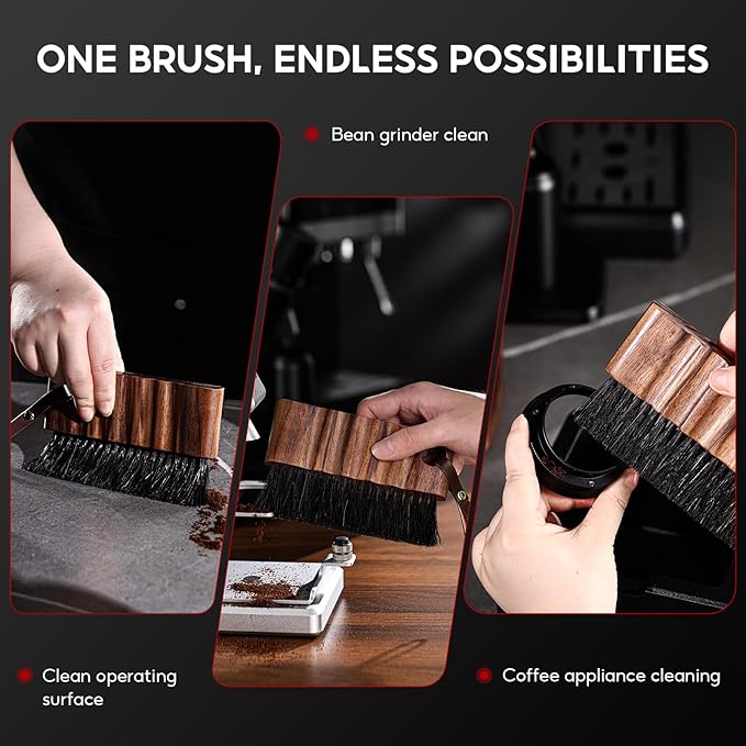 Bincoo Coffee Brush with Cleaning Cloth - Wooden Handle Cleaning Brush for Grinders, Espresso Machines & Countertops, Reusable Barista Tool with Hanging Hook for Coffee Grounds Removal