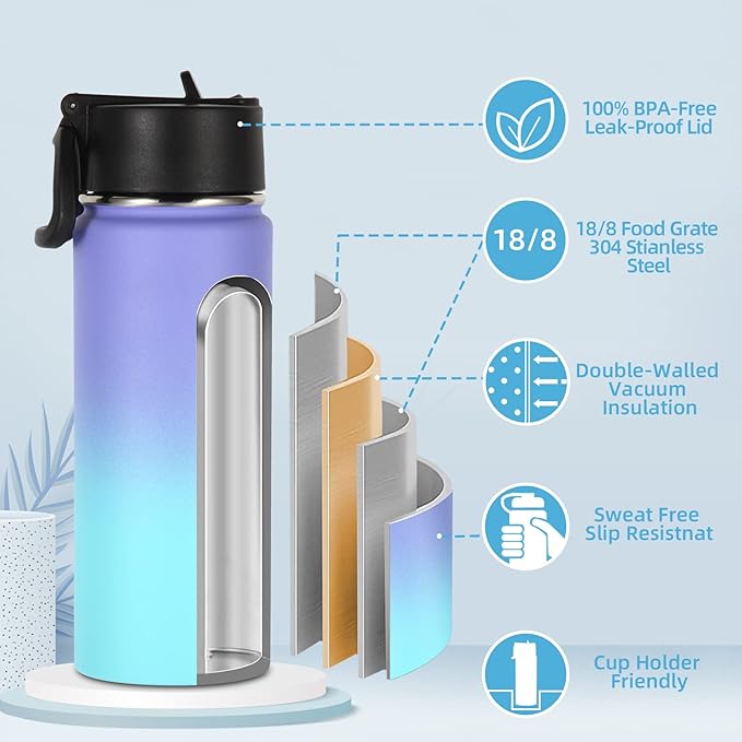 Volhoply 16 OZ Kids Water Bottle Bulk 2 Pack,Insulated Sports Bottles with Straw Lid,Stainless Steel Bottle with Handle Keep Cold & Hot,Double Wall Vacuum Tumbler Cups for School(Purple Blue, 2)