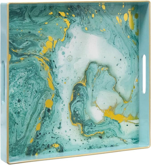MAONAME Turquoise Square Decorative Tray for Coffee Table, Marbling Serving Tray with Handles, Modern 13" Plastic Trays for Ottoman, Bathroom, Storage