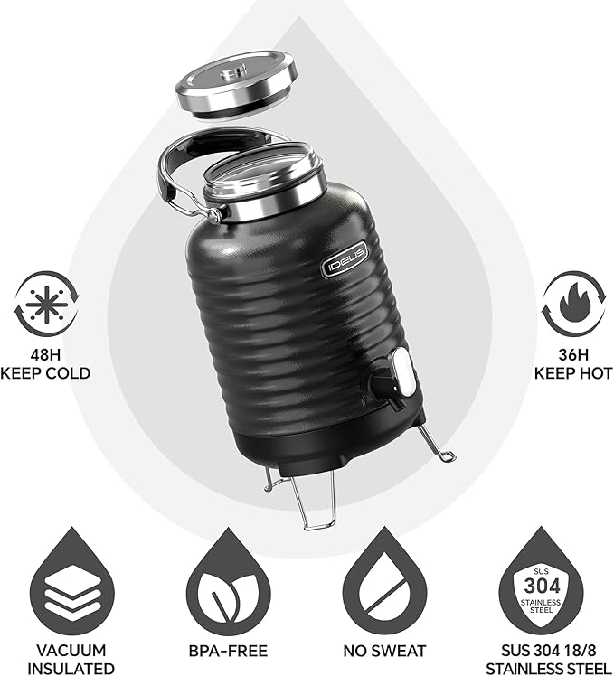 IDEUS Insulated Beverage Dispenser, All-in-one for Camping Vacuum Double-Wall Stainless Steel Water Cooler Coffee Carafe Jug Leakproof Drink Container with Handle, Spigot & Stand (Black, 1,4gal)