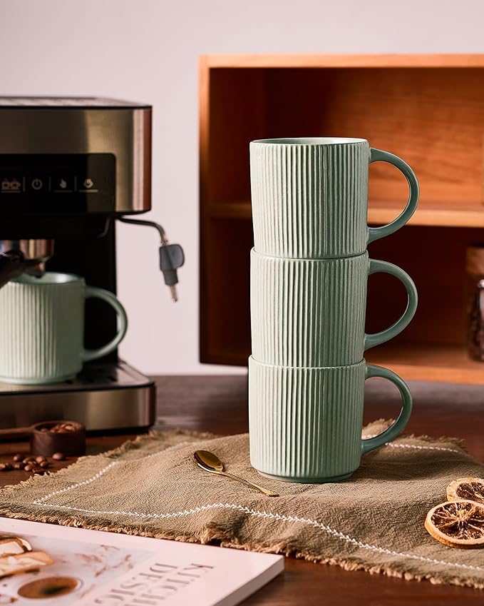 famiware Coffee Mug Set for 8, Star 12 oz Catering Mugs Cup Set with Handle for Coffee, Tea, Cocoa, Milk - Ceramic Stoneware Drinkware Set, Matte Green